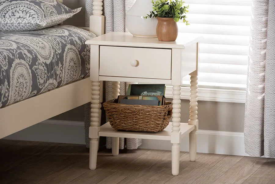Baxton Studio Braith Farmhouse Ivory Spindle Wood 1-Drawer Nightstand FredCo