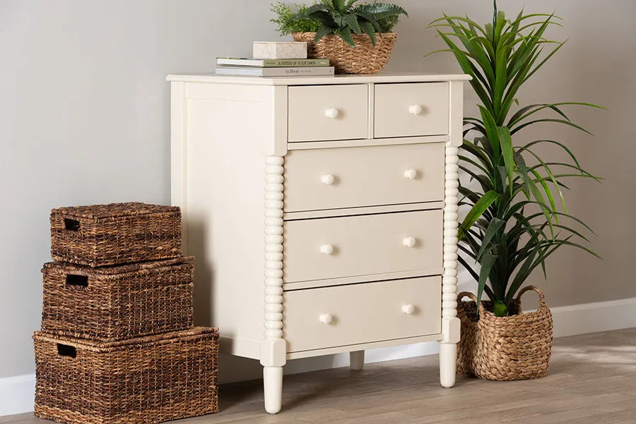 Baxton Studio Braith Farmhouse Ivory Spindle Wood 5-Drawer Chest FredCo