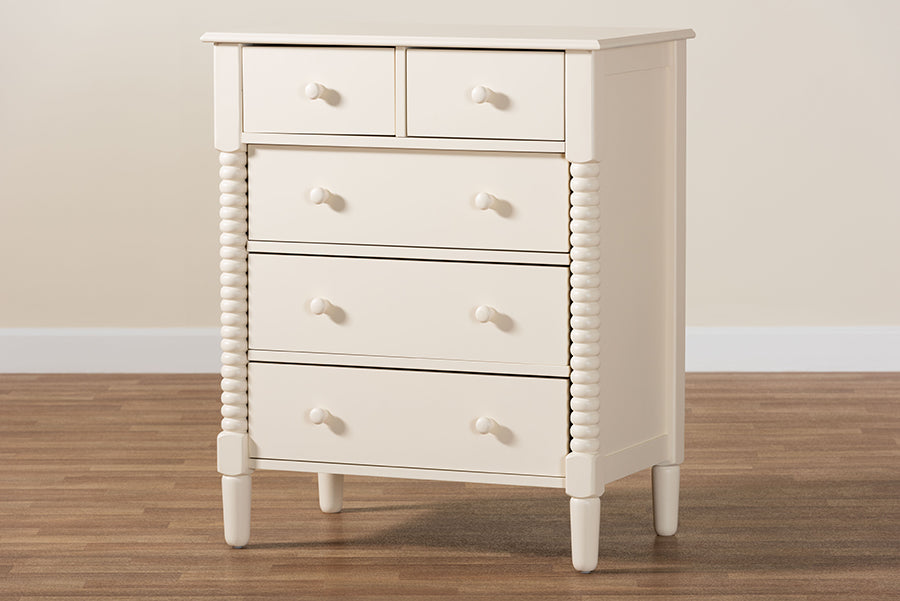 Baxton Studio Braith Farmhouse Ivory Spindle Wood 5-Drawer Chest FredCo