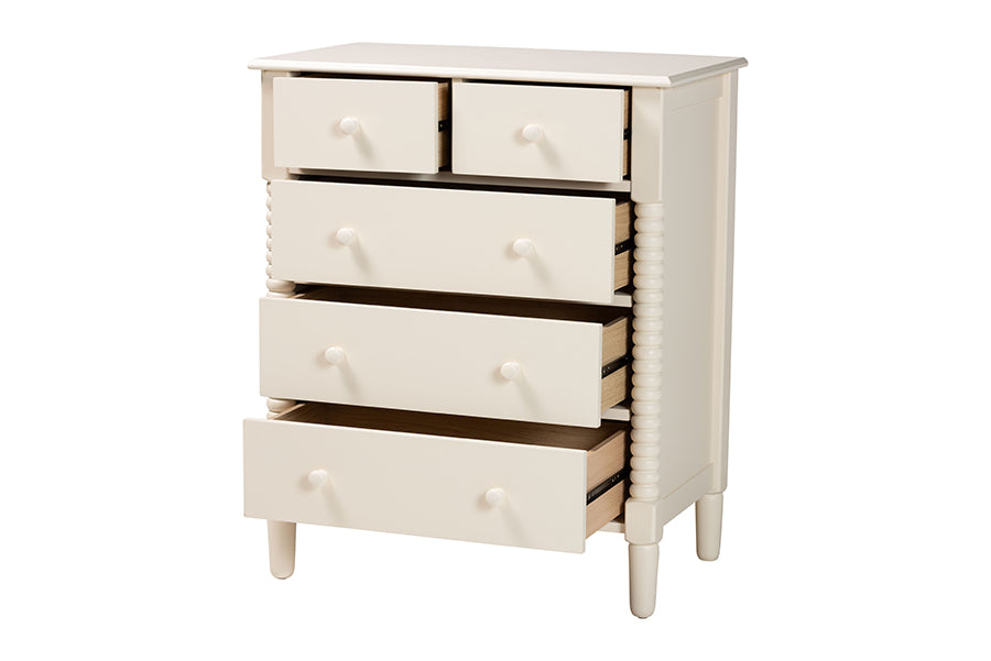 Baxton Studio Braith Farmhouse Ivory Spindle Wood 5-Drawer Chest FredCo