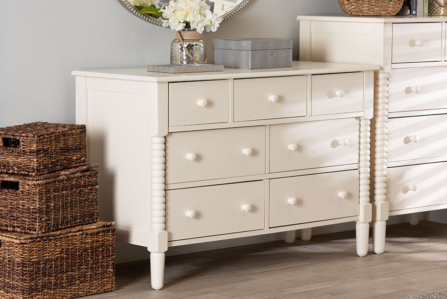 Baxton Studio Braith Farmhouse Ivory Spindle Wood 7-Drawer Dresser FredCo