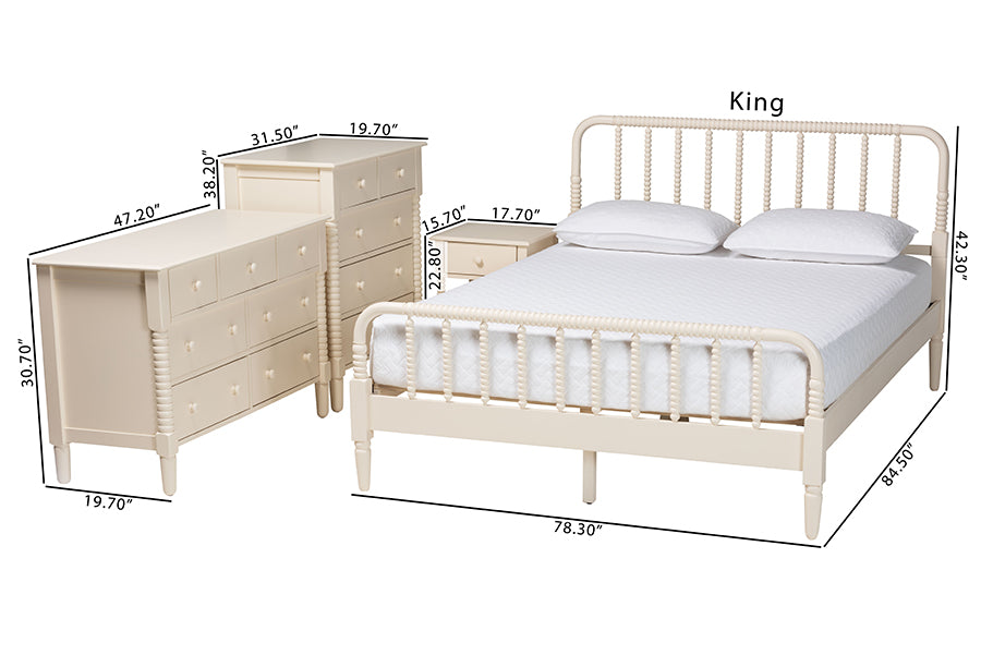 Baxton Studio Braith Farmhouse Ivory Spindle Wood King Size 4-Piece Bedroom Set FredCo