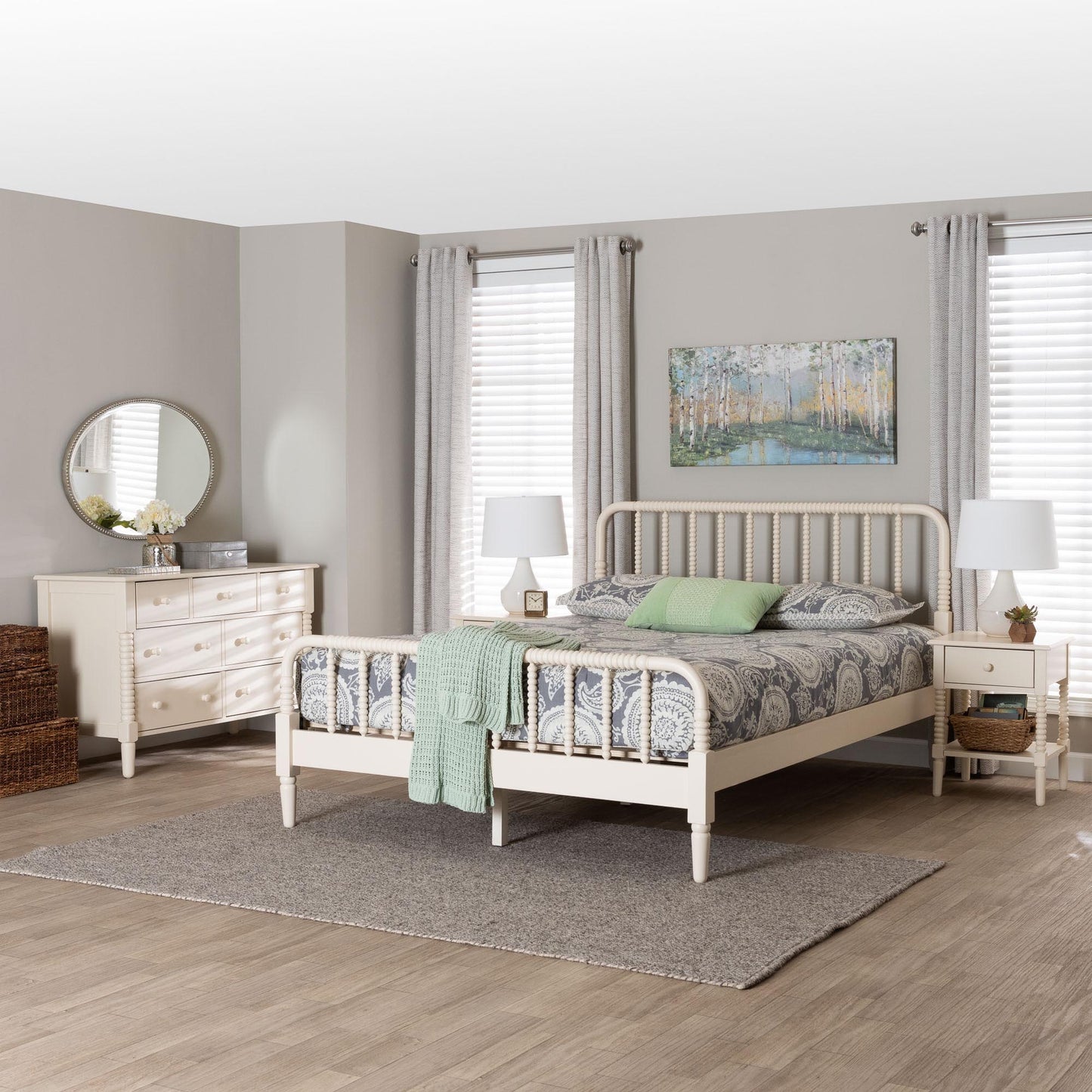 Baxton Studio Braith Farmhouse Ivory Spindle Wood King Size 4-Piece Bedroom Set with Two Nightstands FredCo