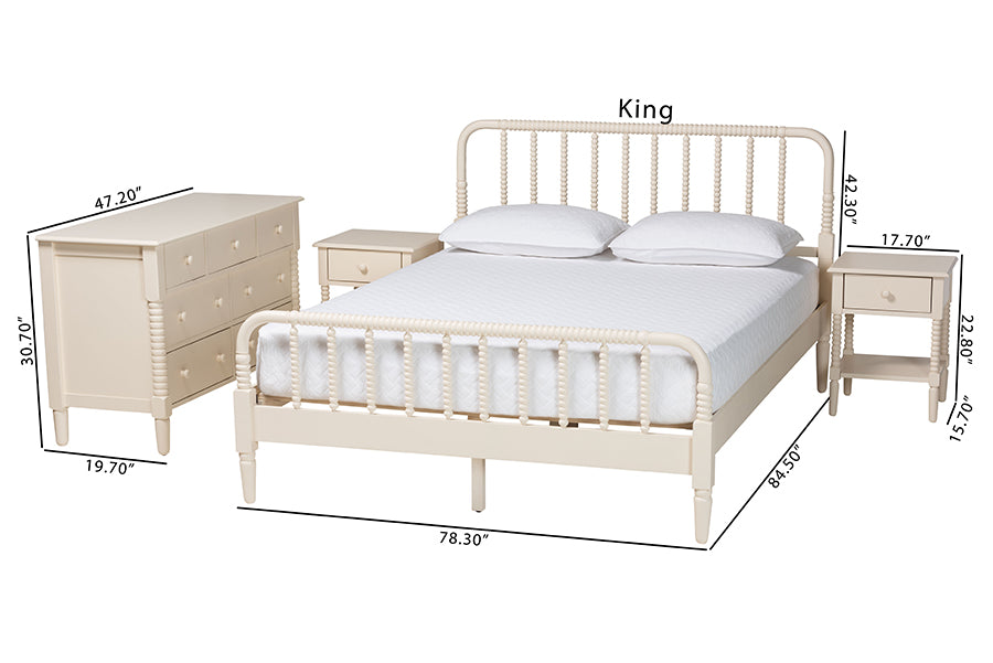 Baxton Studio Braith Farmhouse Ivory Spindle Wood King Size 4-Piece Bedroom Set with Two Nightstands FredCo
