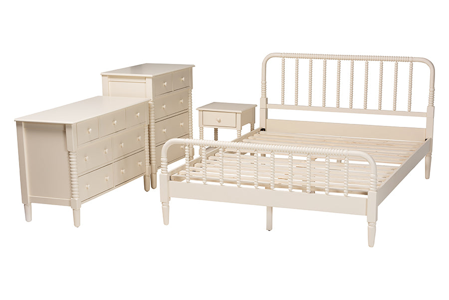 Baxton Studio Braith Farmhouse Ivory Spindle Wood Queen Size 4-Piece Bedroom Set FredCo