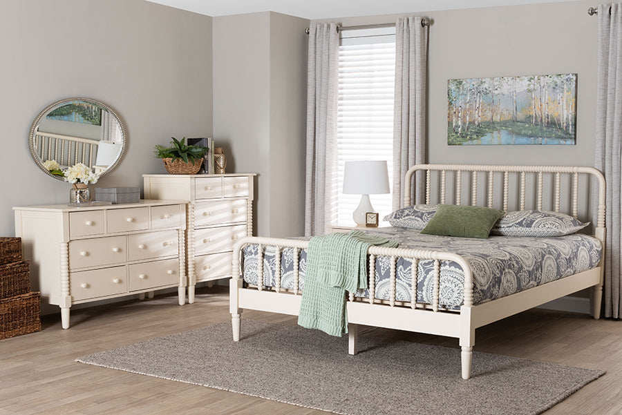 Baxton Studio Braith Farmhouse Ivory Spindle Wood Queen Size 4-Piece Bedroom Set FredCo