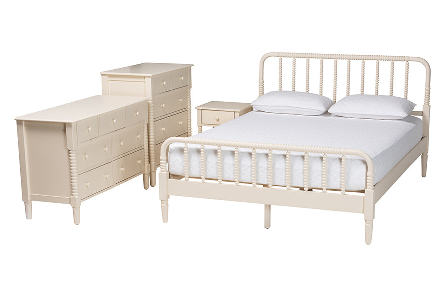 Baxton Studio Braith Farmhouse Ivory Spindle Wood Queen Size 4-Piece Bedroom Set FredCo