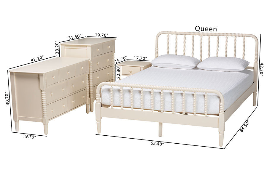 Baxton Studio Braith Farmhouse Ivory Spindle Wood Queen Size 4-Piece Bedroom Set FredCo