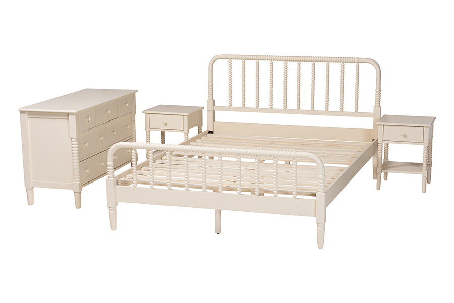 Baxton Studio Braith Farmhouse Ivory Spindle Wood Queen Size 4-Piece Bedroom Set with Two Nightstands FredCo