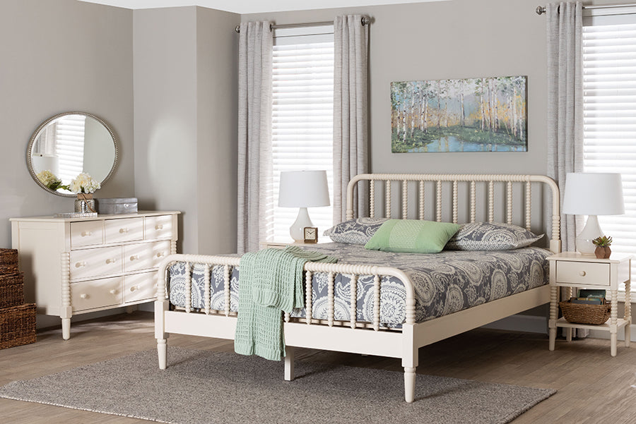 Baxton Studio Braith Farmhouse Ivory Spindle Wood Queen Size 4-Piece Bedroom Set with Two Nightstands FredCo