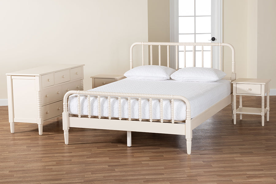 Baxton Studio Braith Farmhouse Ivory Spindle Wood Queen Size 4-Piece Bedroom Set with Two Nightstands FredCo