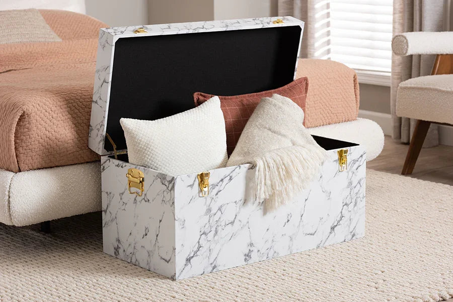 Baxton Studio Brenta Storage Trunk with Lift-Top Lid - Decorative Organizer Chest with Faux Marble Effect, Contemporary Storage Solution FredCo