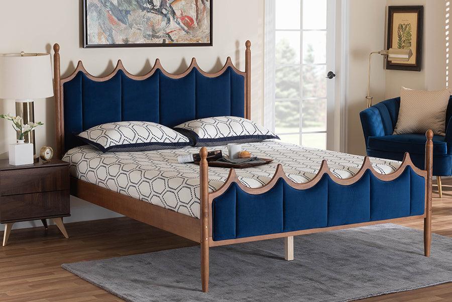 Baxton Studio Calgary Retro-Modern Royal Blue Velvet Fabric and Walnut Brown Wood Queen Size Platform Bed FredCo