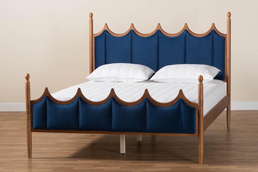 Baxton Studio Calgary Retro-Modern Royal Blue Velvet Fabric and Walnut Brown Wood Queen Size Platform Bed FredCo