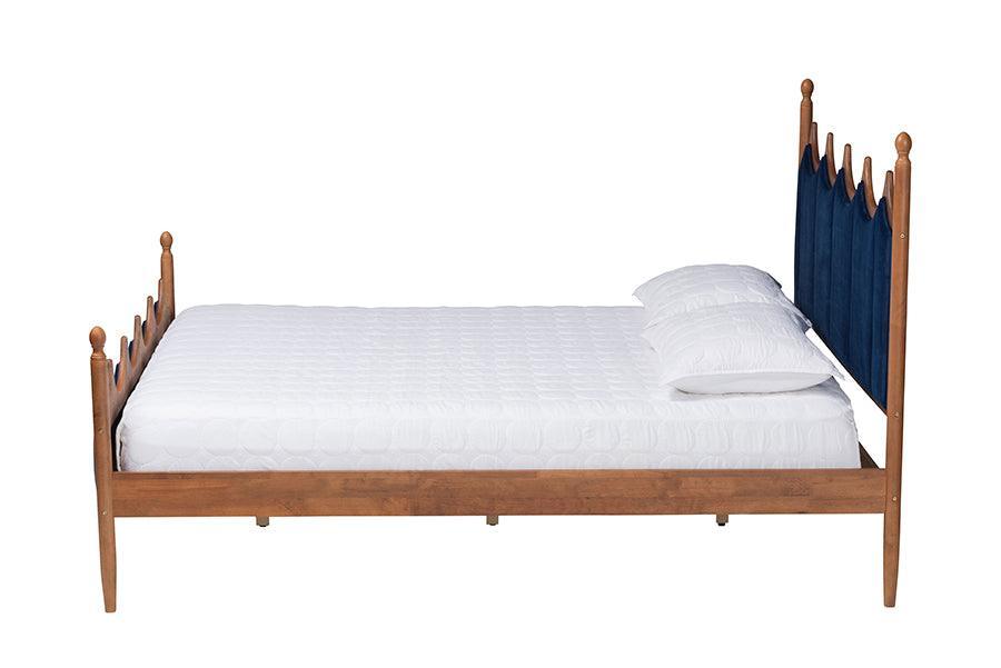 Baxton Studio Calgary Retro-Modern Royal Blue Velvet Fabric and Walnut Brown Wood Queen Size Platform Bed FredCo