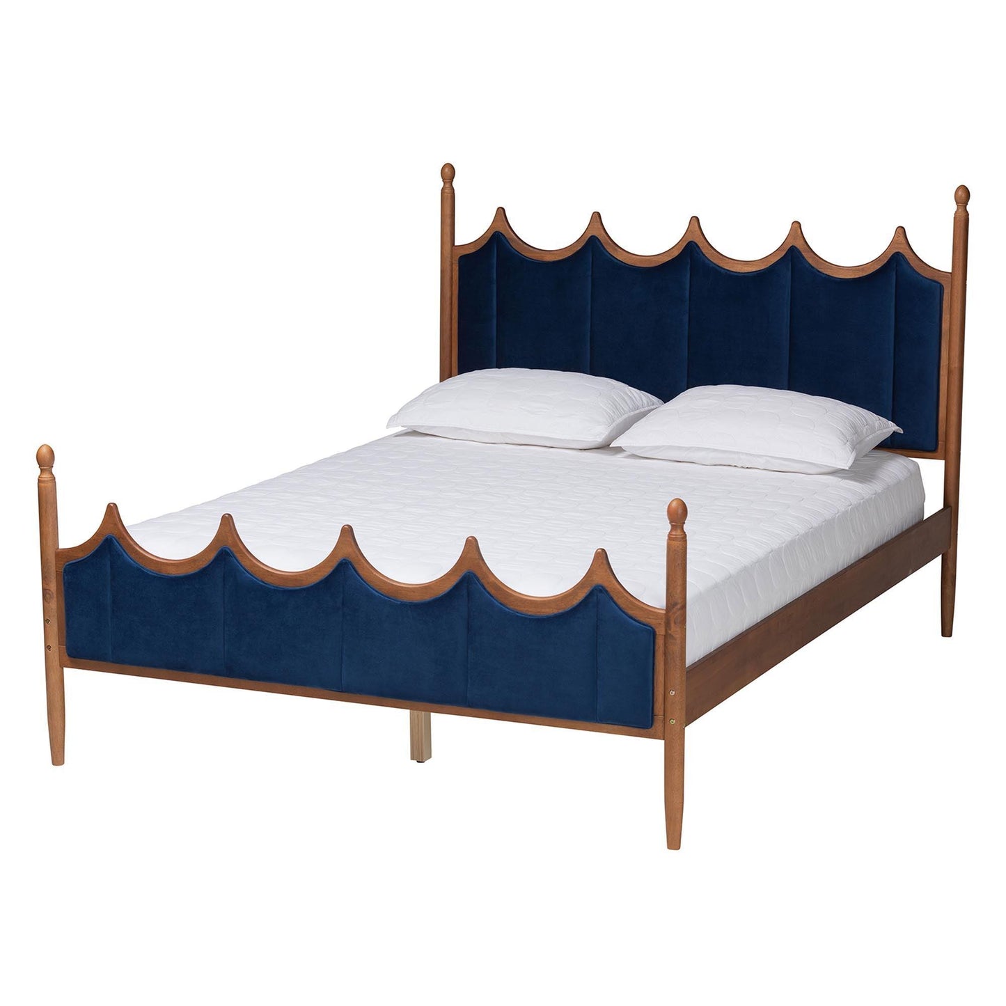 Baxton Studio Calgary Retro-Modern Royal Blue Velvet Fabric and Walnut Brown Wood Queen Size Platform Bed FredCo