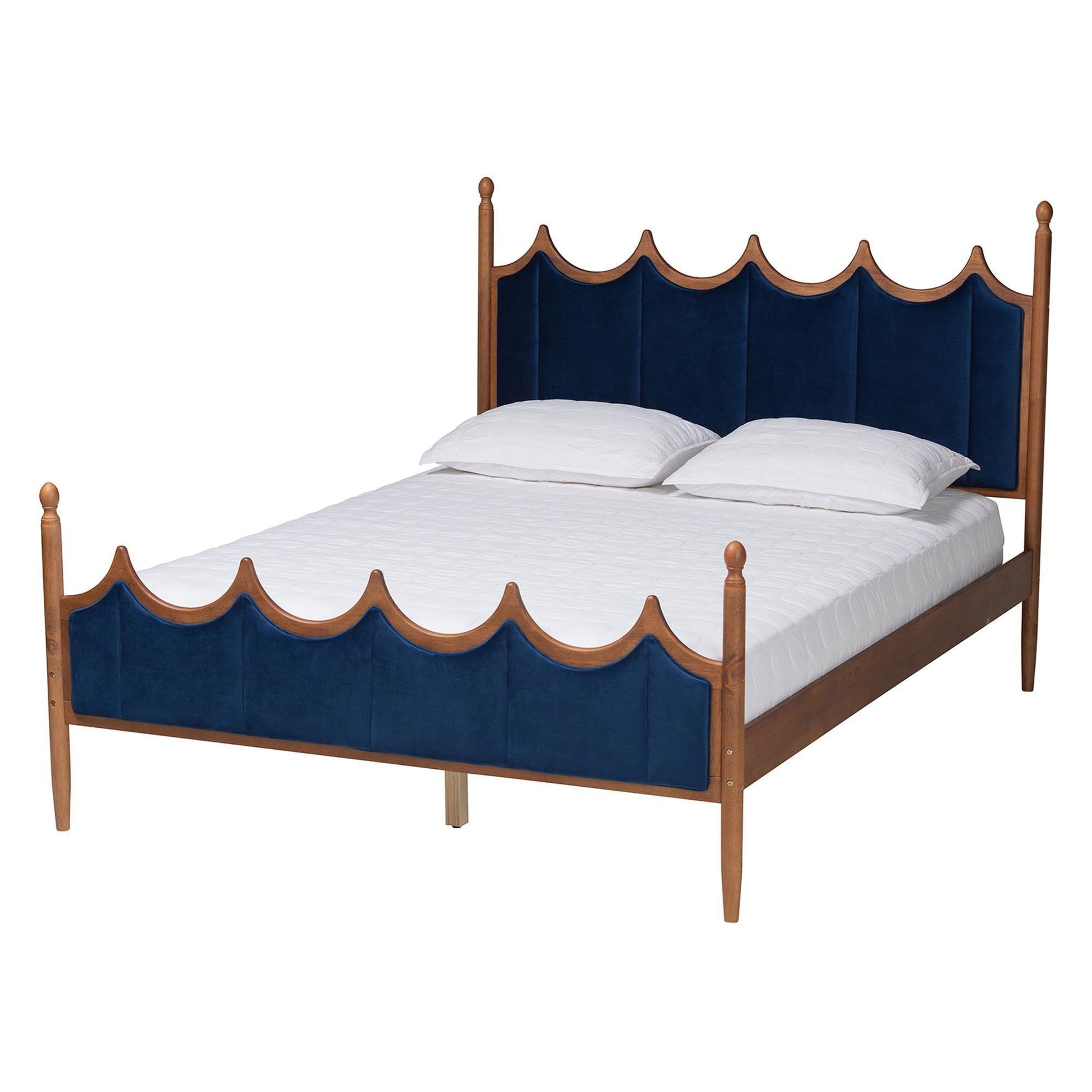 Baxton Studio Calgary Retro-Modern Royal Blue Velvet Fabric and Walnut Brown Wood Queen Size Platform Bed FredCo