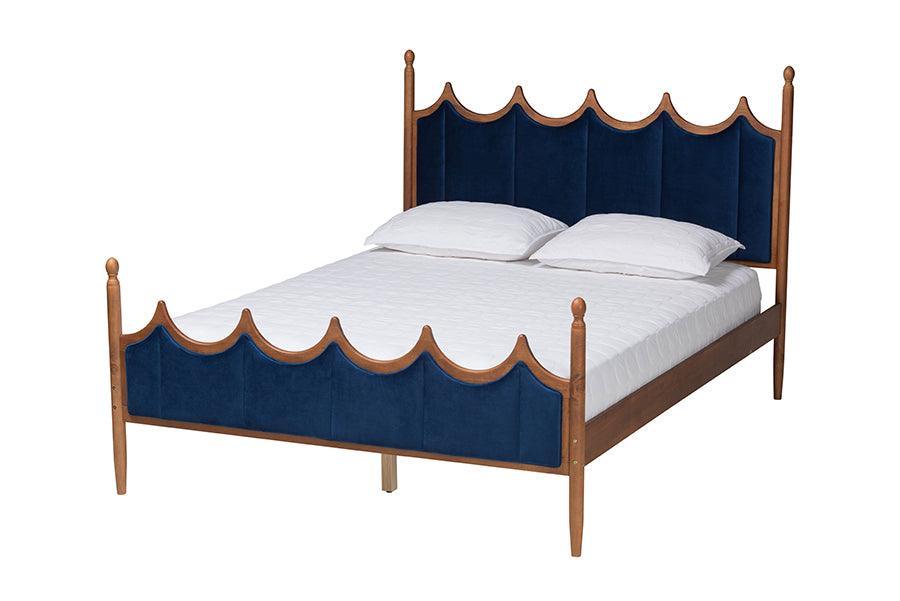 Baxton Studio Calgary Retro-Modern Royal Blue Velvet Fabric and Walnut Brown Wood Queen Size Platform Bed FredCo