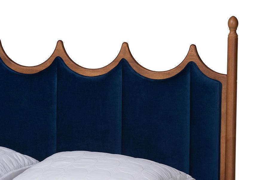 Baxton Studio Calgary Retro-Modern Royal Blue Velvet Fabric and Walnut Brown Wood Queen Size Platform Bed FredCo