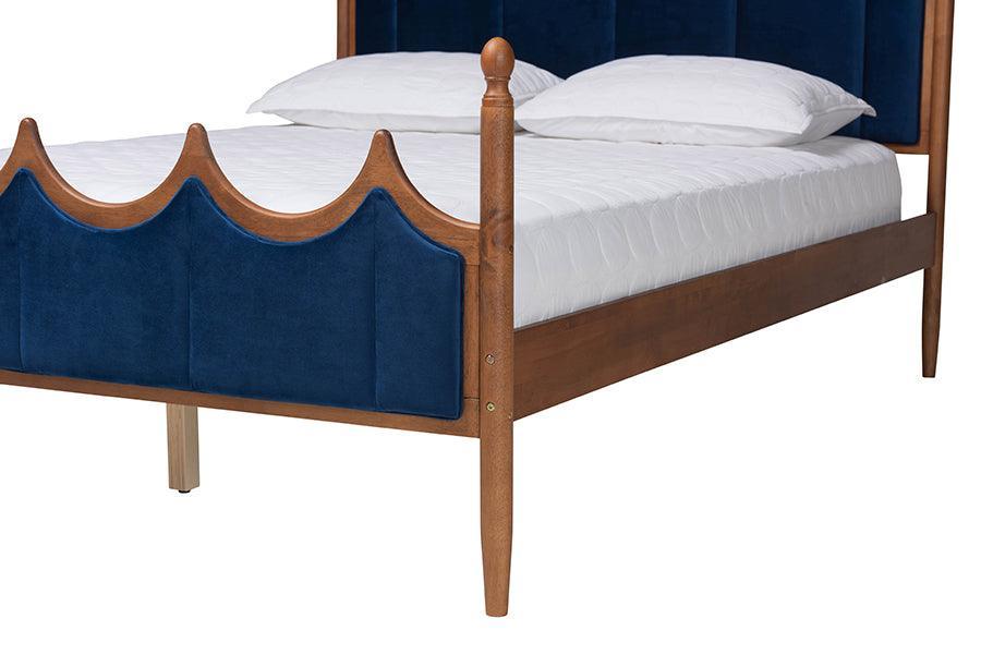 Baxton Studio Calgary Retro-Modern Royal Blue Velvet Fabric and Walnut Brown Wood Queen Size Platform Bed FredCo