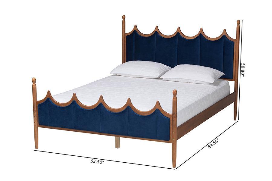 Baxton Studio Calgary Retro-Modern Royal Blue Velvet Fabric and Walnut Brown Wood Queen Size Platform Bed FredCo