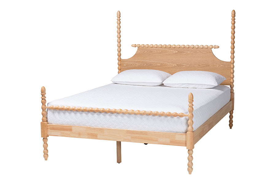Baxton Studio Caliana King Bobbin Four-Poster Bed – Turned Spindle Post Wood Bed Frame with Panel Headboard, Natural Brown FredCo