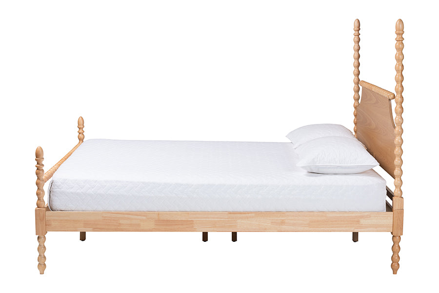 Baxton Studio Caliana King Bobbin Four-Poster Bed – Turned Spindle Post Wood Bed Frame with Panel Headboard, Natural Brown FredCo