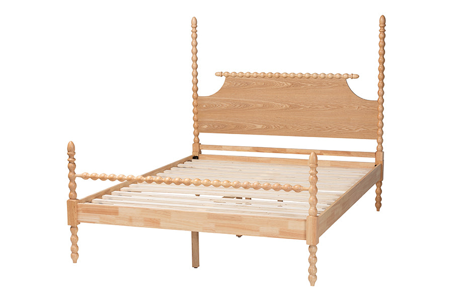 Baxton Studio Caliana King Bobbin Four-Poster Bed – Turned Spindle Post Wood Bed Frame with Panel Headboard, Natural Brown FredCo