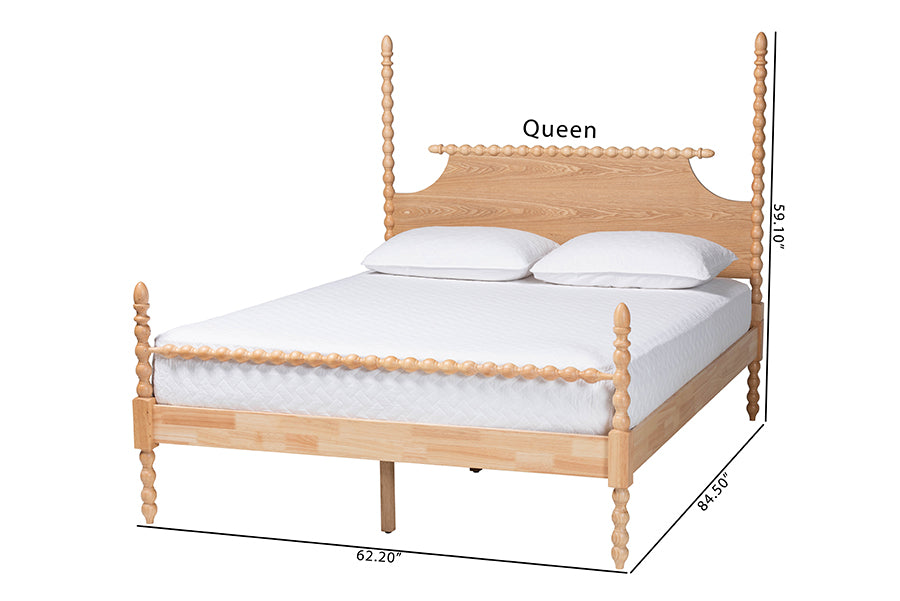 Baxton Studio Caliana King Bobbin Four-Poster Bed – Turned Spindle Post Wood Bed Frame with Panel Headboard, Natural Brown FredCo