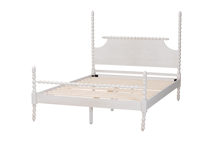 Baxton Studio Caliana King Bobbin Four-Poster Bed – Turned Spindle Post Wood Bed Frame with Panel Headboard, White FredCo