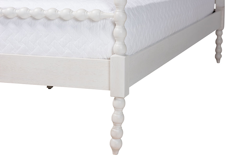 Baxton Studio Caliana King Bobbin Four-Poster Bed – Turned Spindle Post Wood Bed Frame with Panel Headboard, White FredCo
