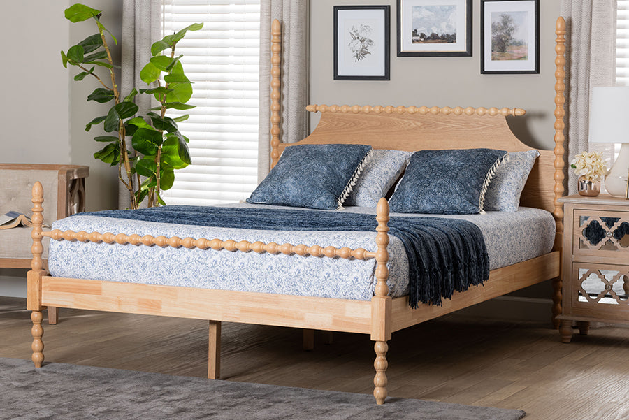 Baxton Studio Caliana Queen Bobbin Four-Poster Bed – Turned Spindle Post Wood Bed Frame with Panel Headboard, Natural Brown FredCo