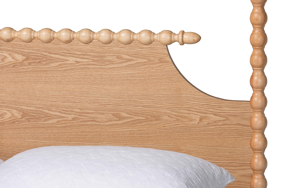 Baxton Studio Caliana Queen Bobbin Four-Poster Bed – Turned Spindle Post Wood Bed Frame with Panel Headboard, Natural Brown FredCo