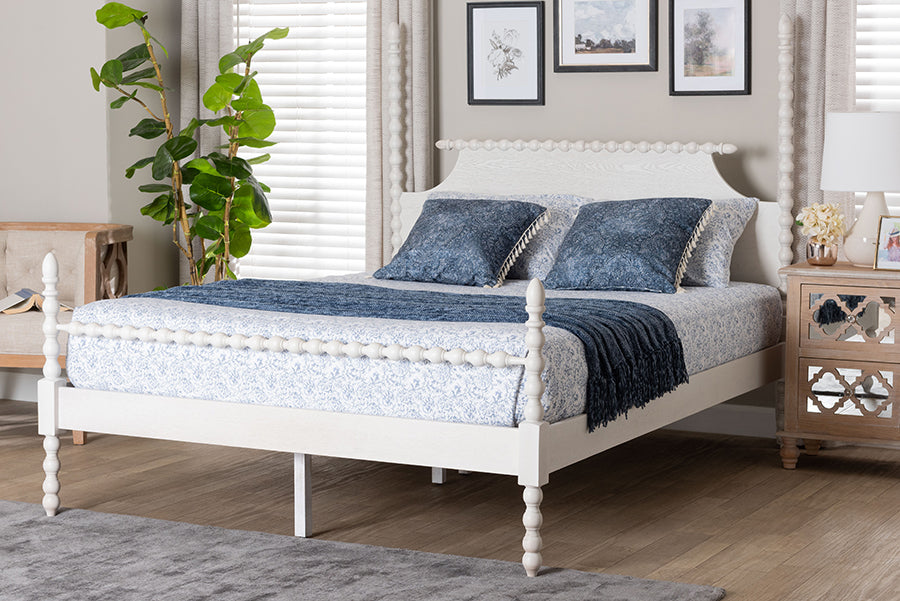 Baxton Studio Caliana Queen Bobbin Four-Poster Bed – Turned Spindle Post Wood Bed Frame with Panel Headboard, White FredCo