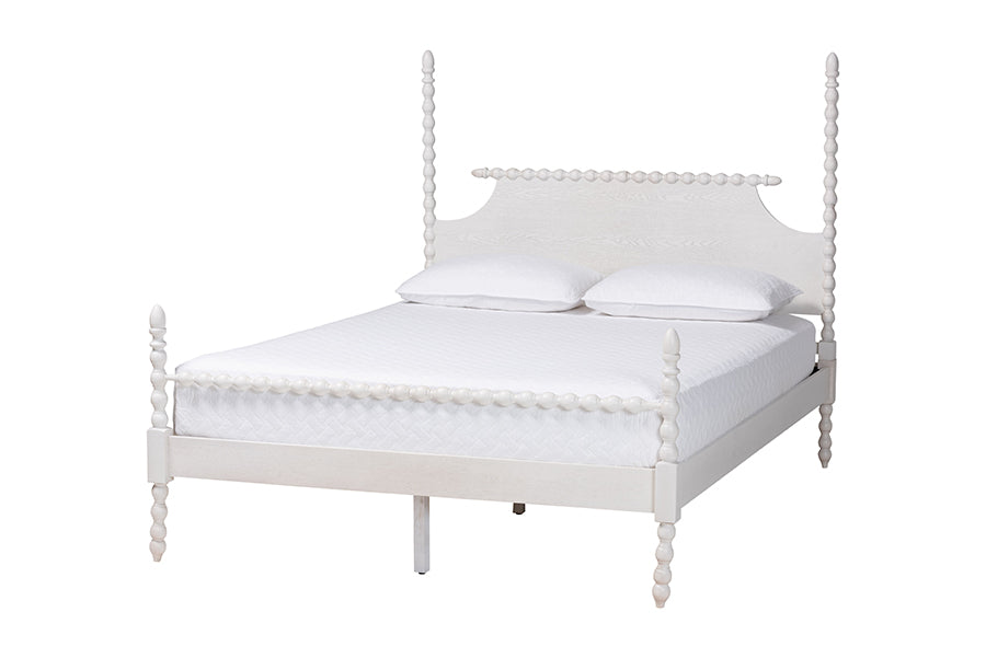 Baxton Studio Caliana Queen Bobbin Four-Poster Bed – Turned Spindle Post Wood Bed Frame with Panel Headboard, White FredCo