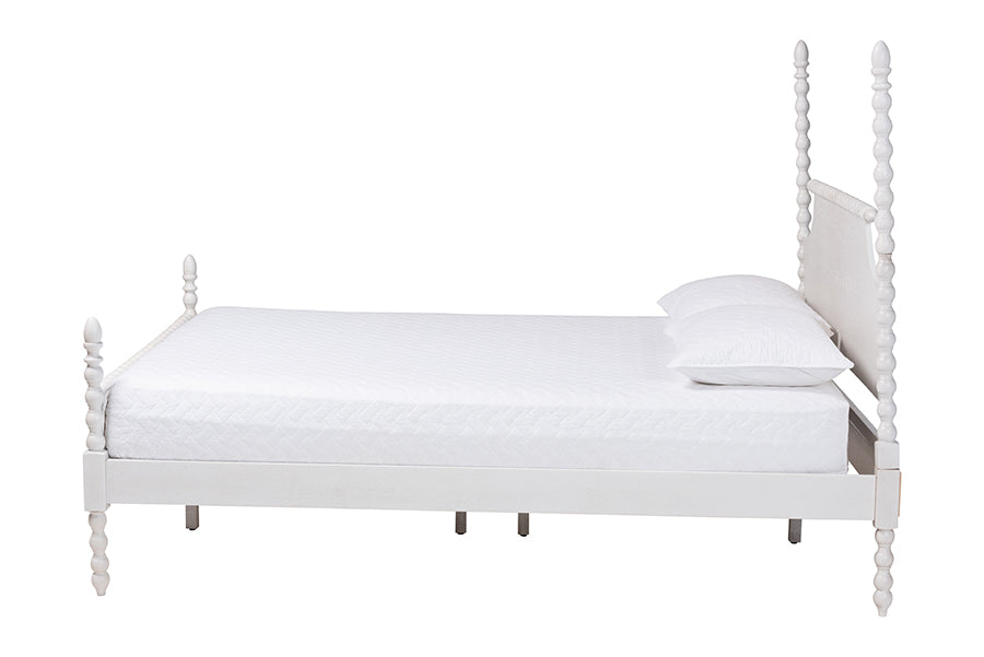 Baxton Studio Caliana Queen Bobbin Four-Poster Bed – Turned Spindle Post Wood Bed Frame with Panel Headboard, White FredCo