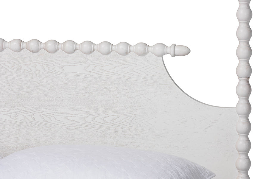 Baxton Studio Caliana Queen Bobbin Four-Poster Bed – Turned Spindle Post Wood Bed Frame with Panel Headboard, White FredCo