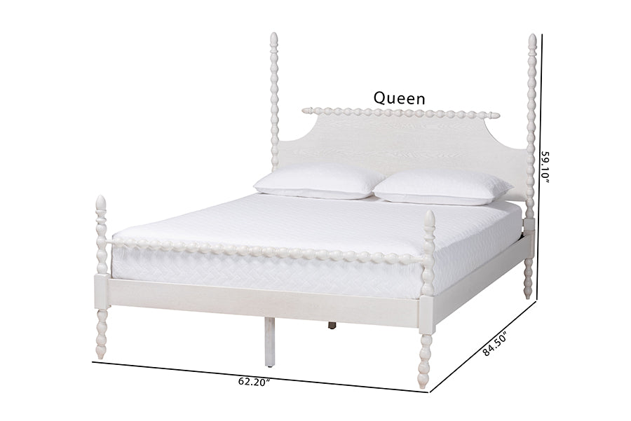 Baxton Studio Caliana Queen Bobbin Four-Poster Bed – Turned Spindle Post Wood Bed Frame with Panel Headboard, White FredCo