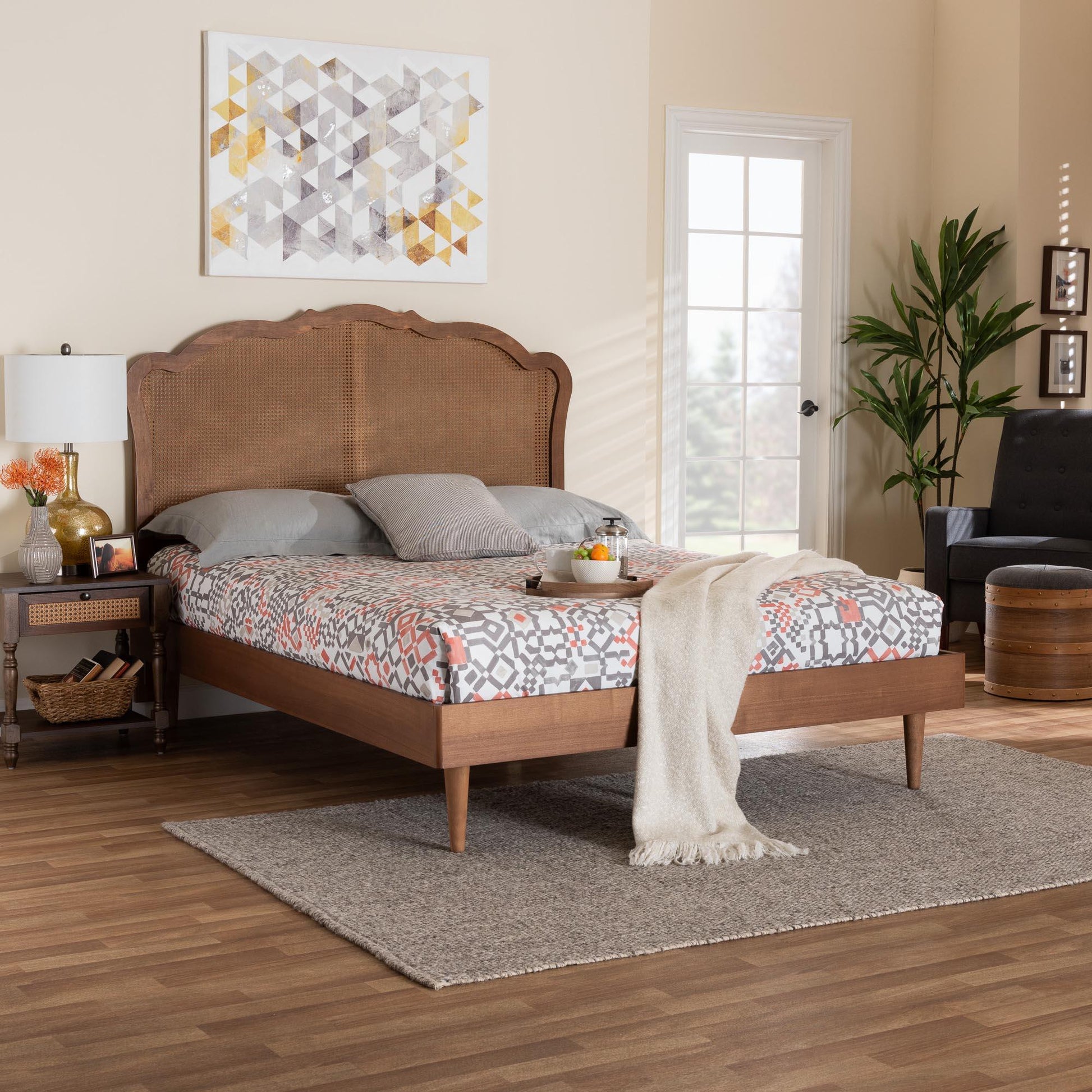 Baxton Studio Camden Mid-Century Walnut Brown Wood and Rattan King Size Platform Bed FredCo