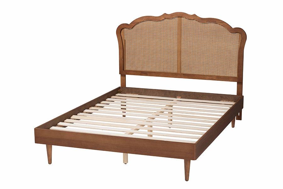 Baxton Studio Camden Mid-Century Walnut Brown Wood and Rattan King Size Platform Bed FredCo
