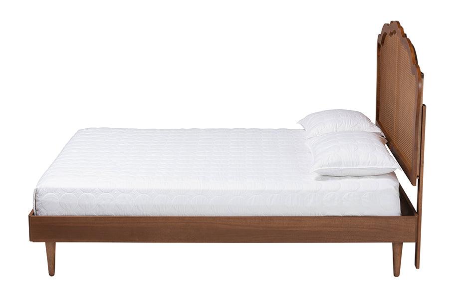 Baxton Studio Camden Mid-Century Walnut Brown Wood and Rattan King Size Platform Bed FredCo
