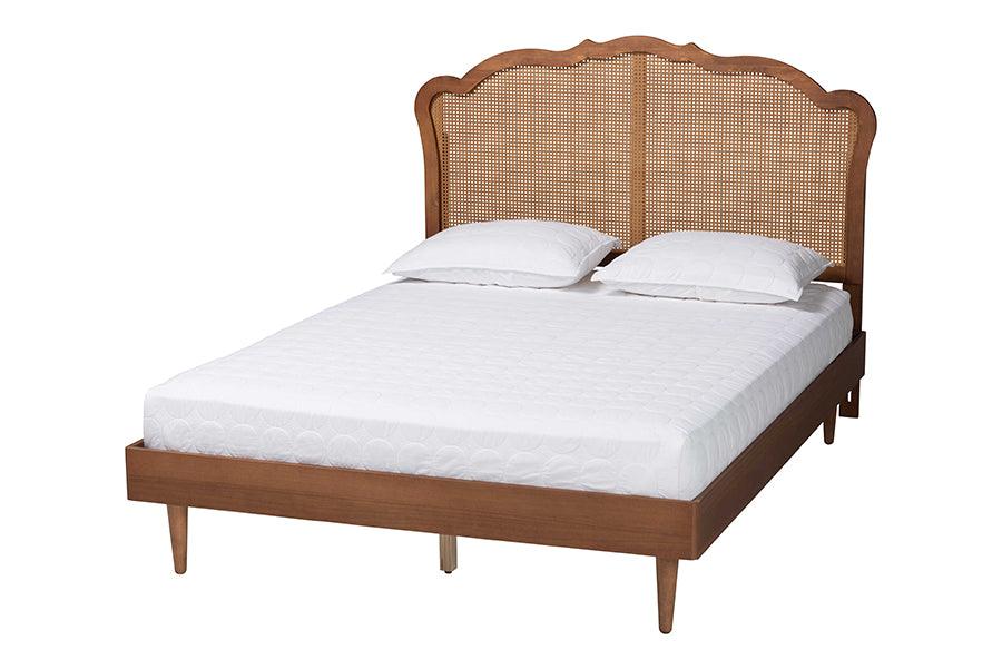 Baxton Studio Camden Mid-Century Walnut Brown Wood and Rattan King Size Platform Bed FredCo