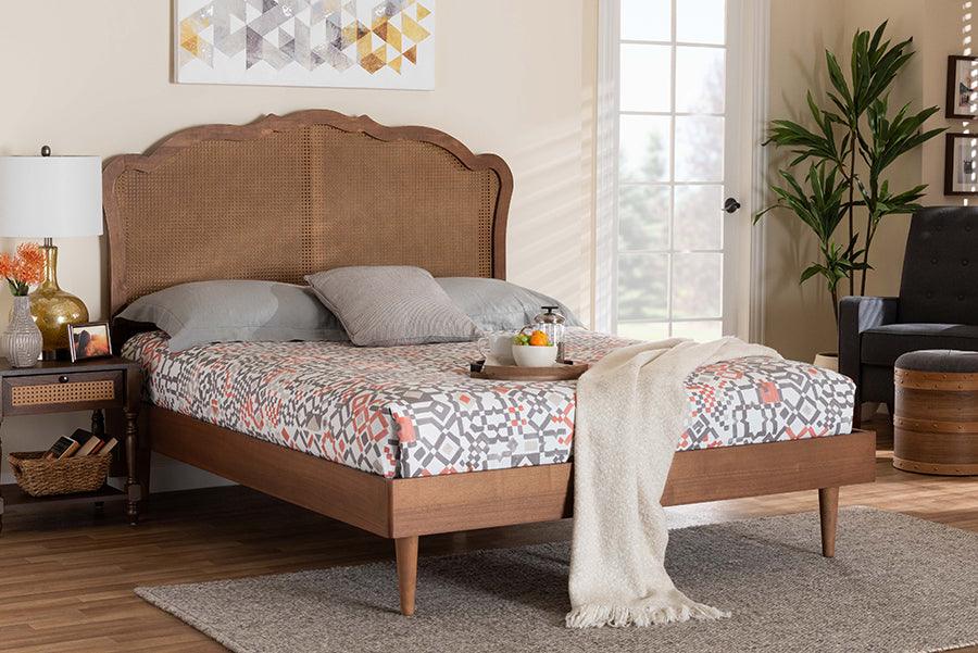 Baxton Studio Camden Mid-Century Walnut Brown Wood and Rattan King Size Platform Bed FredCo
