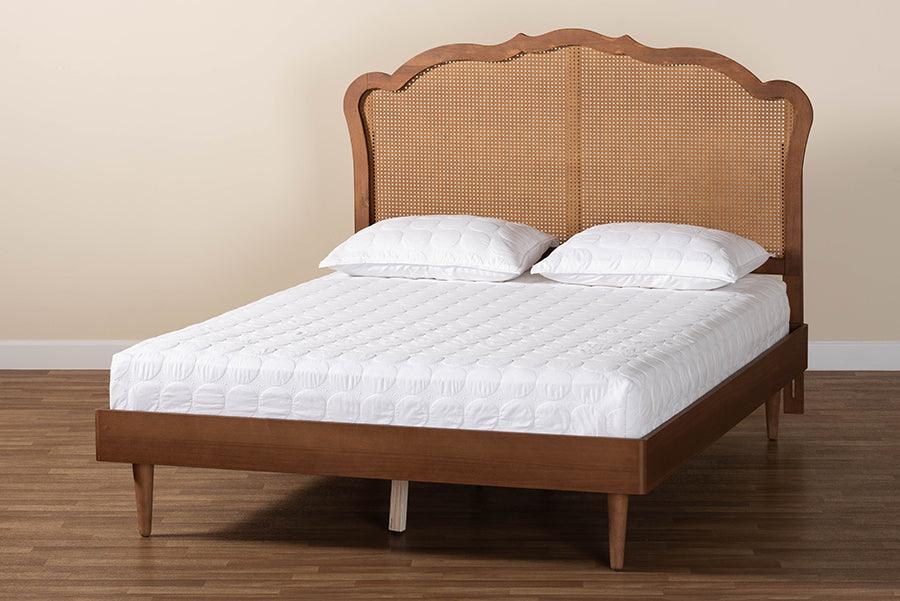 Baxton Studio Camden Mid-Century Walnut Brown Wood and Rattan King Size Platform Bed FredCo