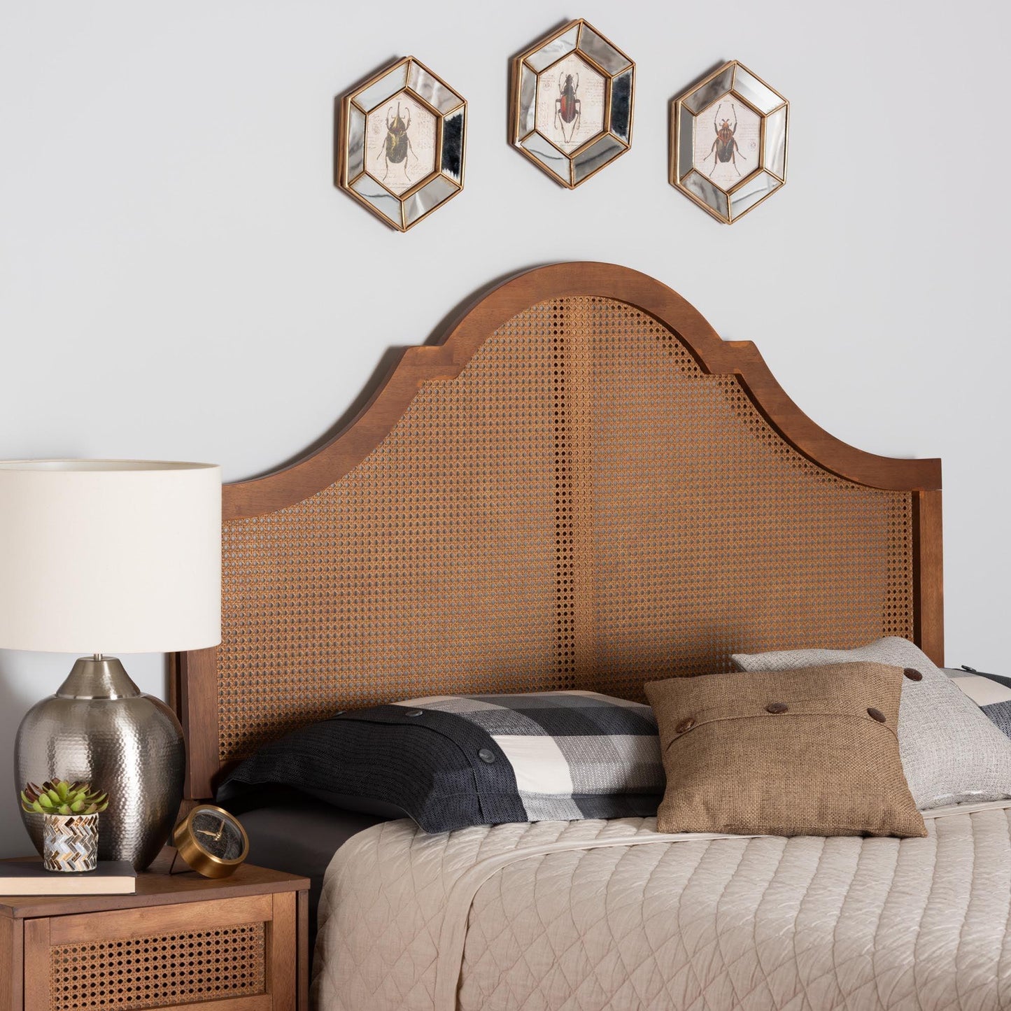 Baxton Studio Camila Classic and Traditional Ash Walnut Finished Wood Headboard with Rattan FredCo