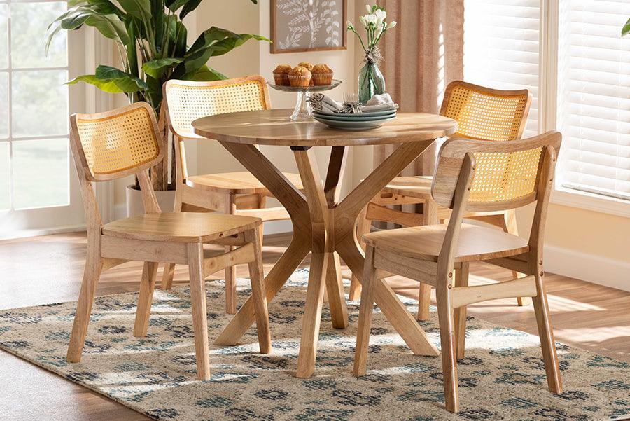 Baxton Studio Camilo Mid-Century Modern Oak Brown Finished Wood and Rattan 5-Piece Dining Set FredCo
