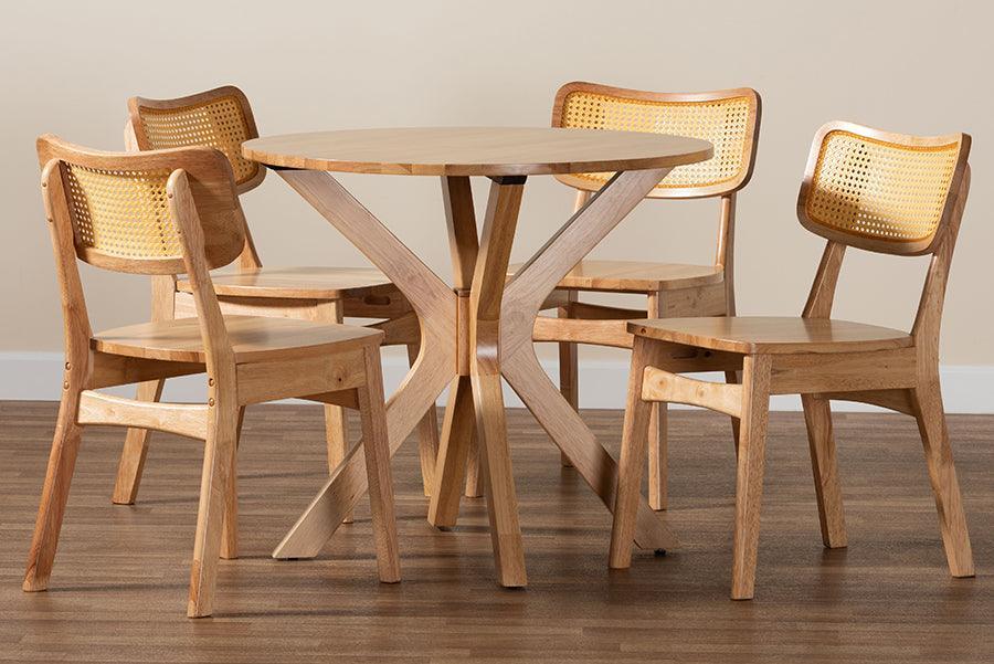 Baxton Studio Camilo Mid-Century Modern Oak Brown Finished Wood and Rattan 5-Piece Dining Set FredCo