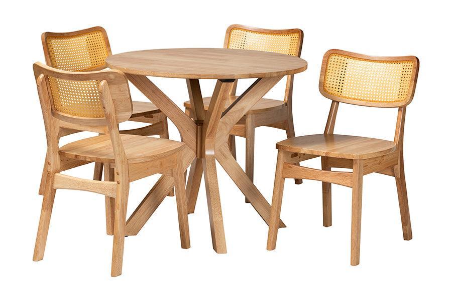 Baxton Studio Camilo Mid-Century Modern Oak Brown Finished Wood and Rattan 5-Piece Dining Set FredCo