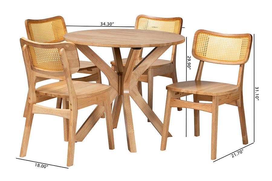 Baxton Studio Camilo Mid-Century Modern Oak Brown Finished Wood and Rattan 5-Piece Dining Set FredCo