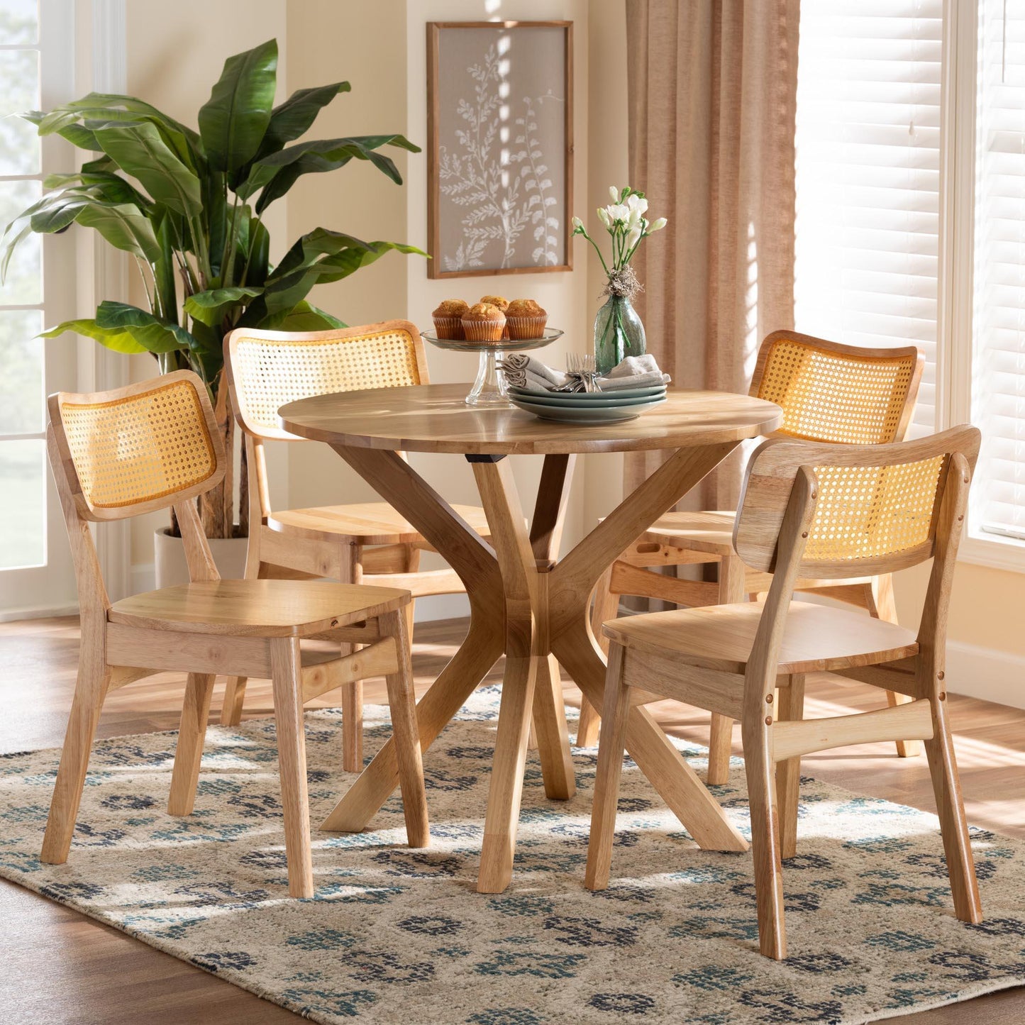 Baxton Studio Camilo Mid-Century Modern Oak Brown Finished Wood and Rattan 5-Piece Dining Set FredCo